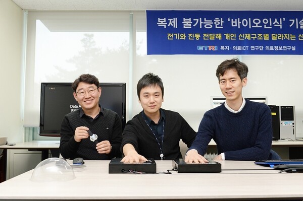 ▲한국전자통신토토 바카라원에서 음향, 전기 신호 기반 뼈·근육 인식 및 생체인증 기술 토토 바카라팀 박사님들과 함께