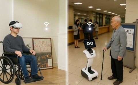 ▲장애인이 메타 퀘스트 착용 후 원격지에서 버프 파일럿을 통해 민원 안내를 하는 가상의 모습.(사진=블루바이저시스템즈)