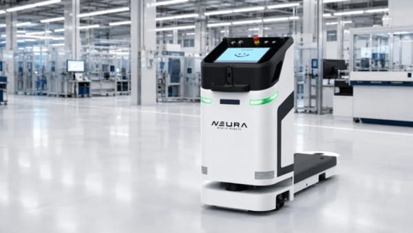 뉴라로보틱스(NEURA) 브랜드의 흰색 자율이동로봇(AMR)이 밝고 넓은 생산 라인 통로를 따라 화물 운반대를 끌고 이동하는 모습